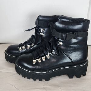Lamoda black lace up ankle‎ buckle biker goth faux leather chunky